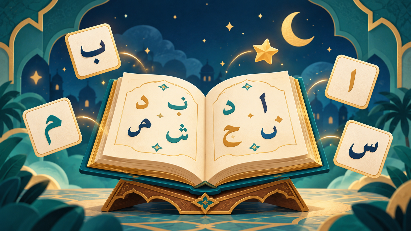 Illustrated Arabic vocabulary tiles around an open book for the Juz 30 word game