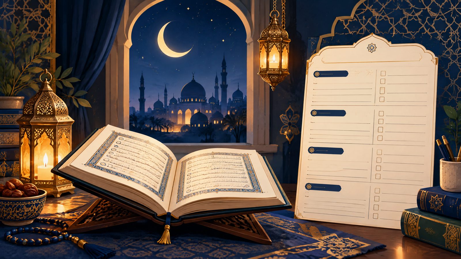 Ramadan Quran planner beside an open Quran and lantern
