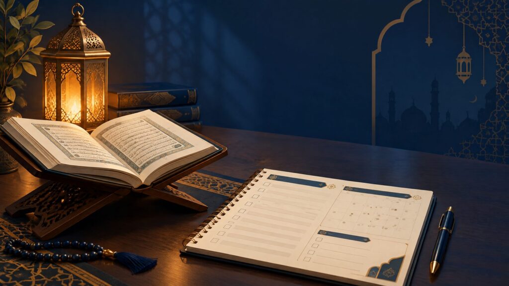 Hifz revision schedule with an open Quran and study planner
