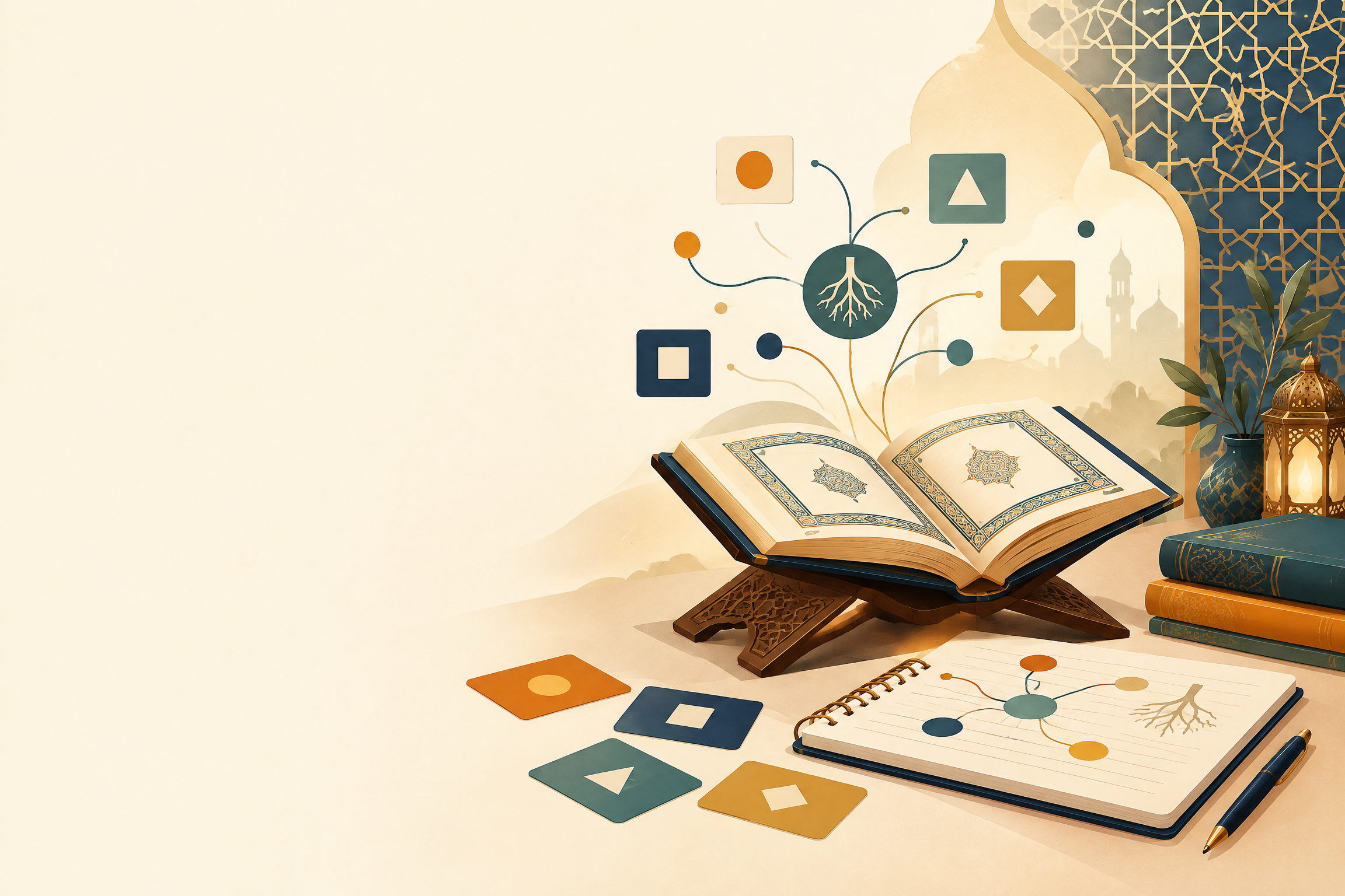 Open Quran and study notes representing guided Quranic Arabic learning online