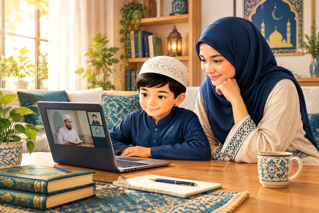 Parent supervising a child’s online Quran lesson at home