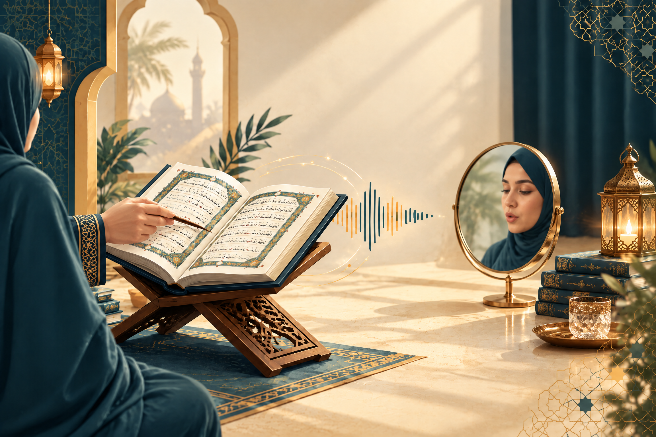 Learner practising Quran pronunciation with an open Quran, mirror, and audio guidance