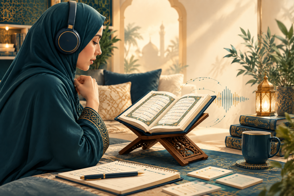 Adult learner practising Tajweed at home with an open Quran and headphones