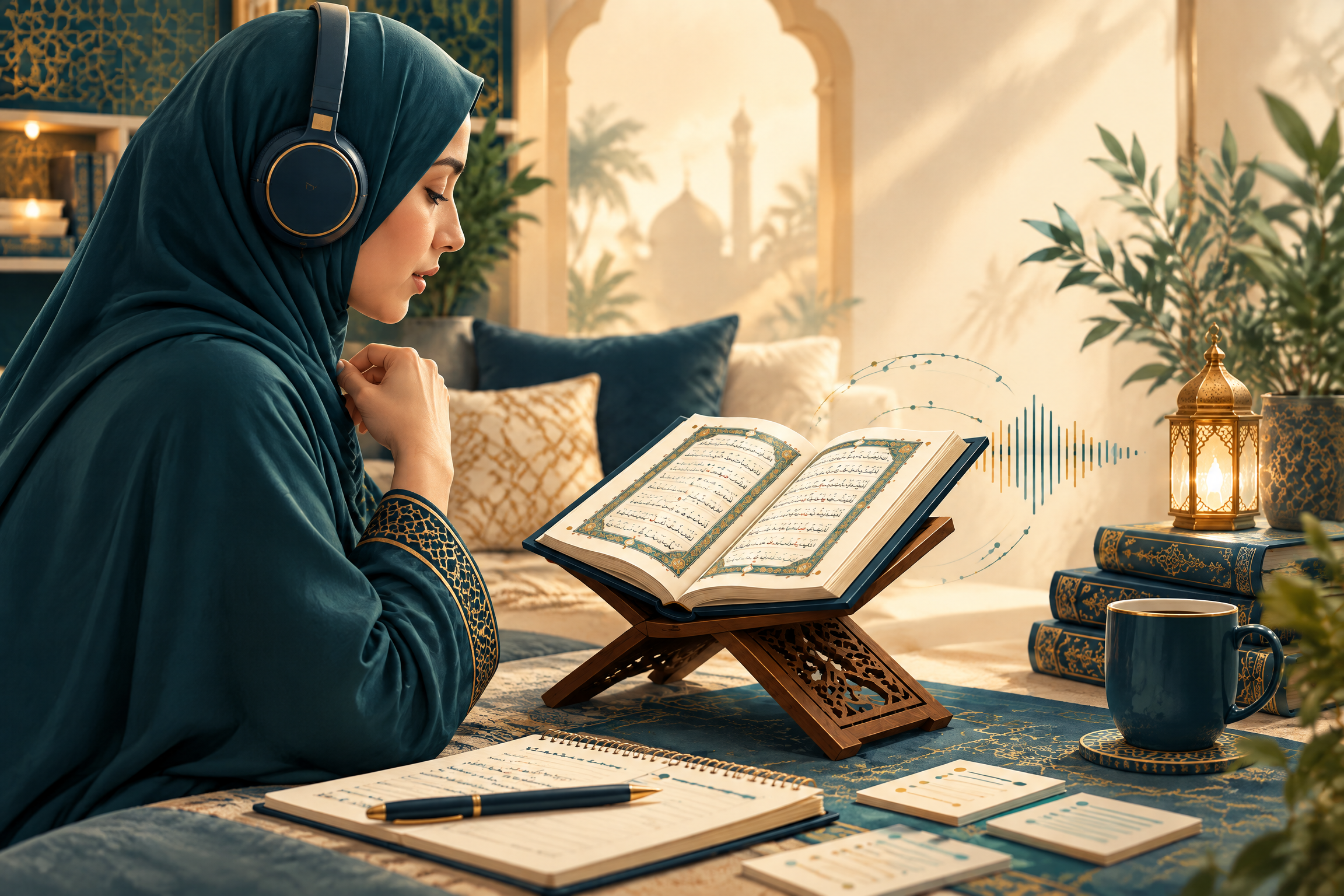 Adult learner practising Tajweed at home with an open Quran and headphones