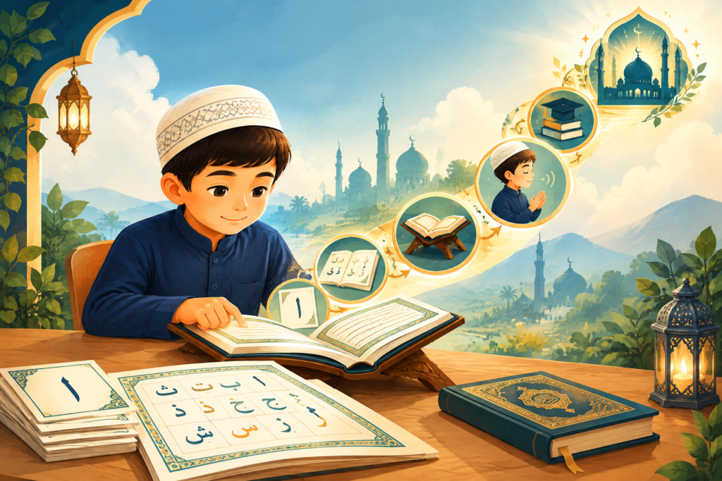 Child Quran learning path from Arabic letters and Qaida to Tajweed and Hifz