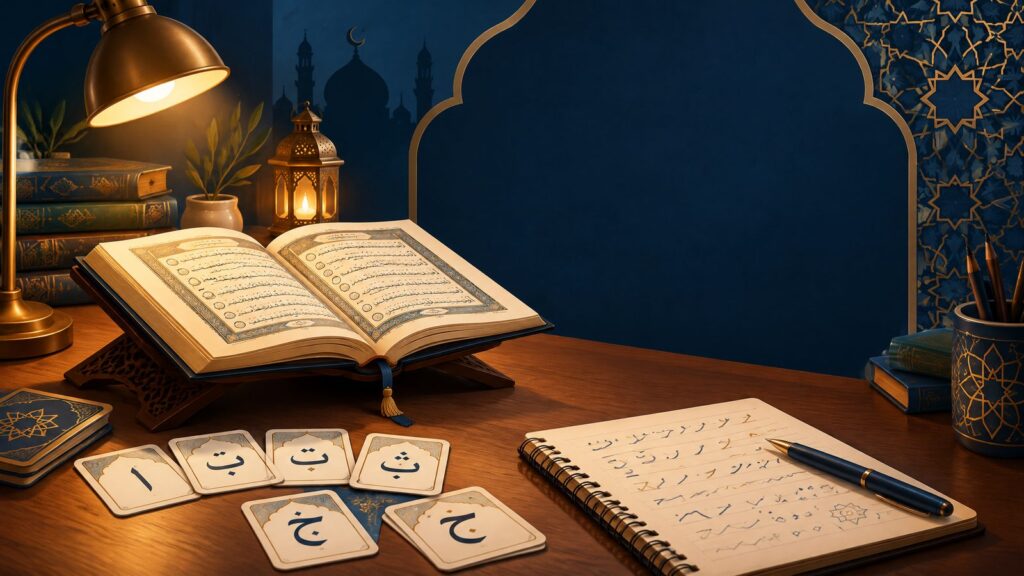 Quranic Arabic study materials with an open Quran and Arabic learning cards