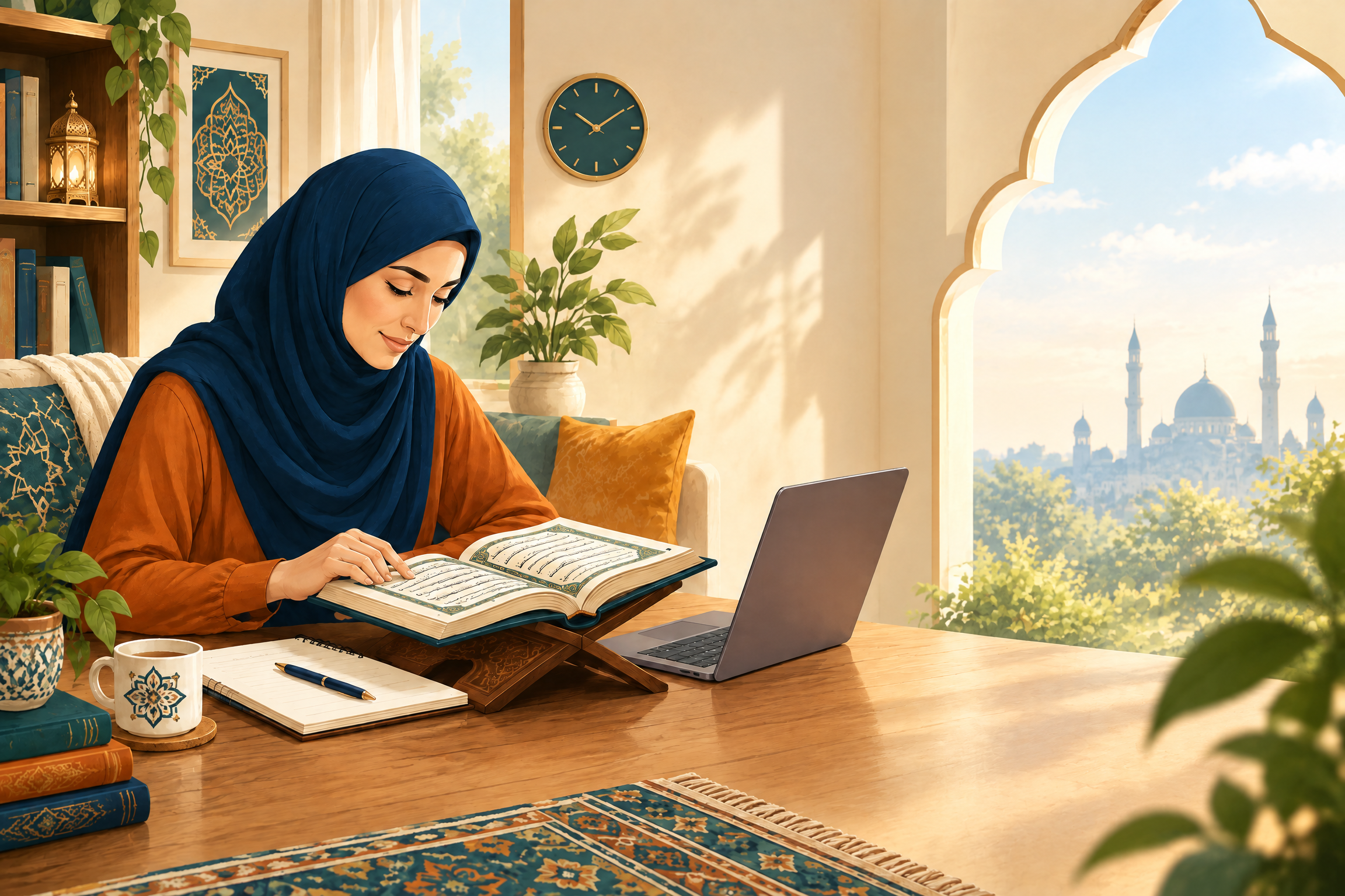 Adult beginner learning Arabic letters and Quran reading with a Qaida