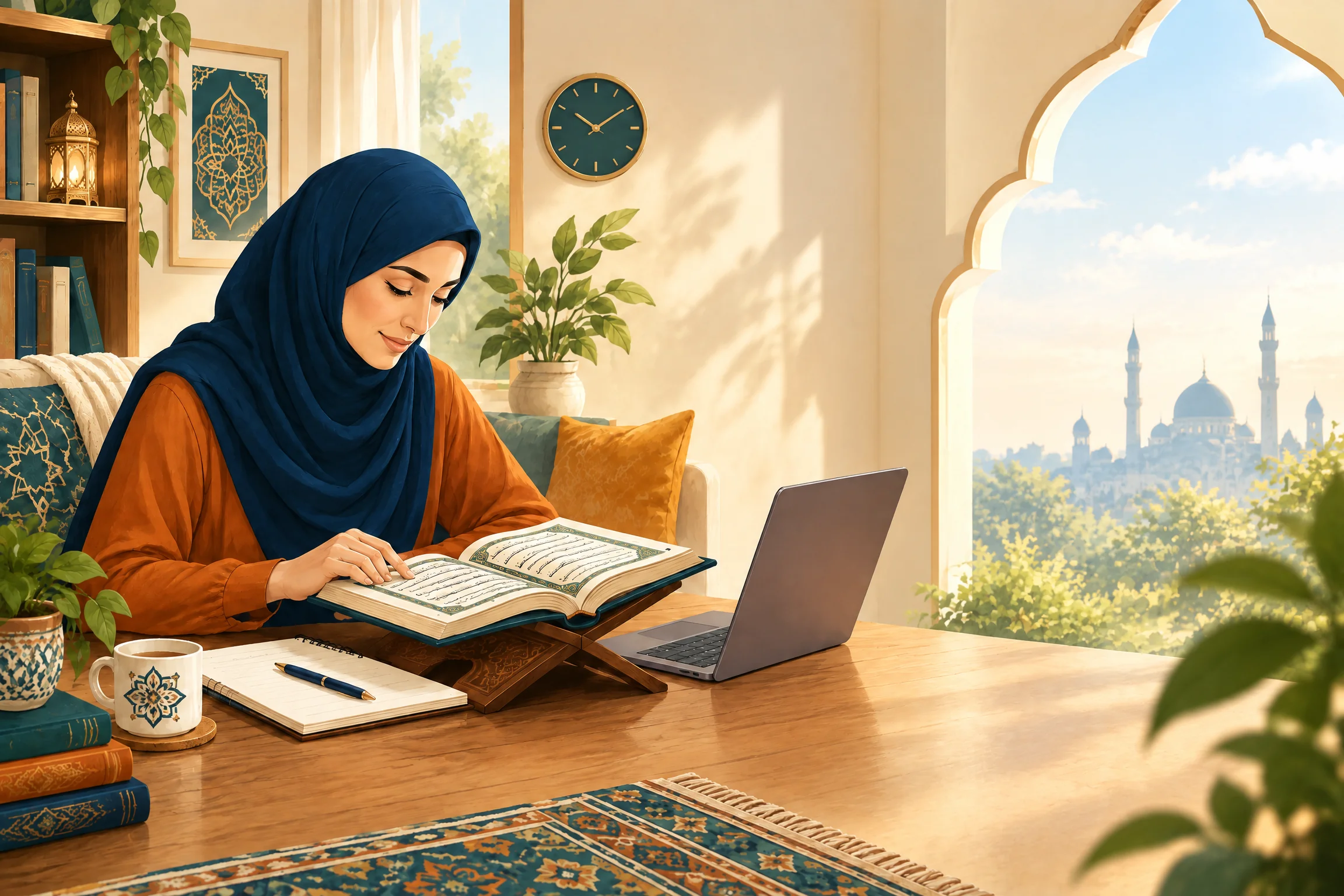 Adult beginner learning Arabic letters and Quran reading with a Qaida