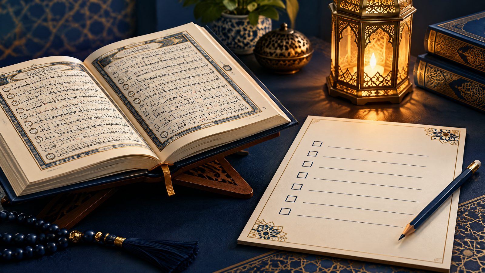 Tajweed checklist beside an open Quran and study materials