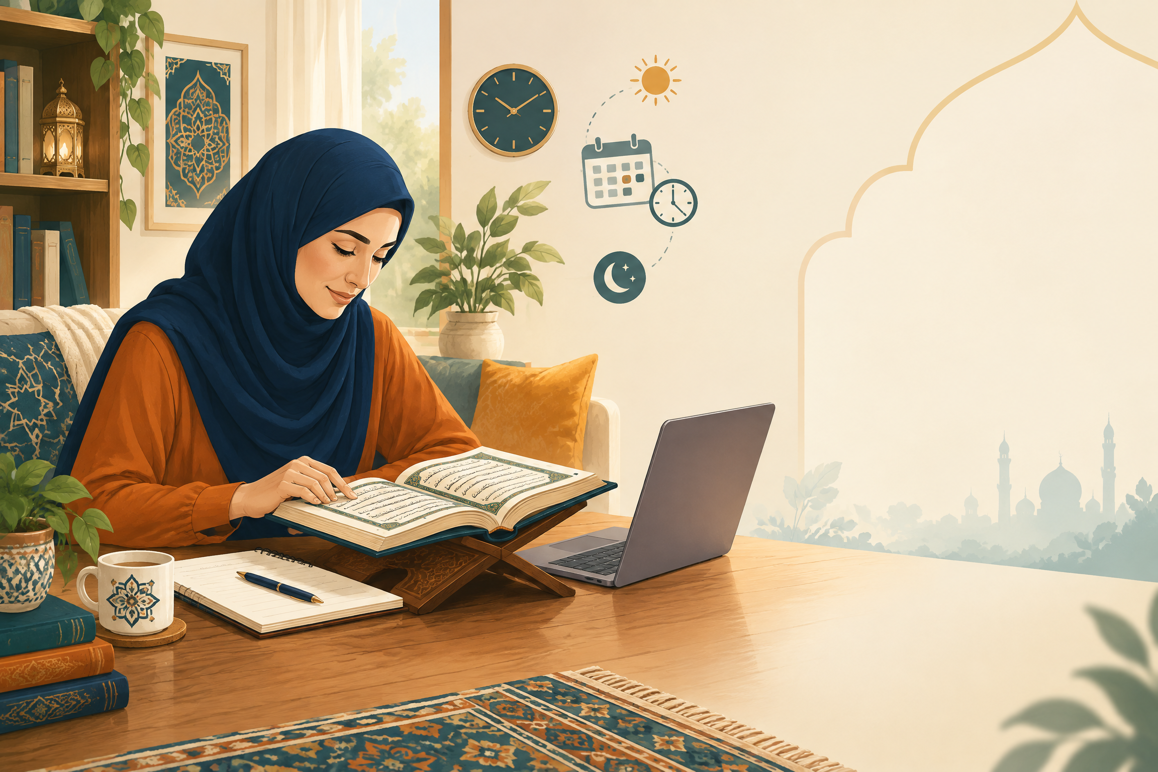 Adult learner studying Quran online with a flexible home learning setup