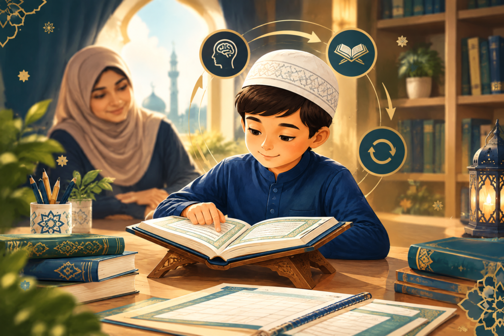 Child reviewing Quran memorization with a parent beside an open Quran