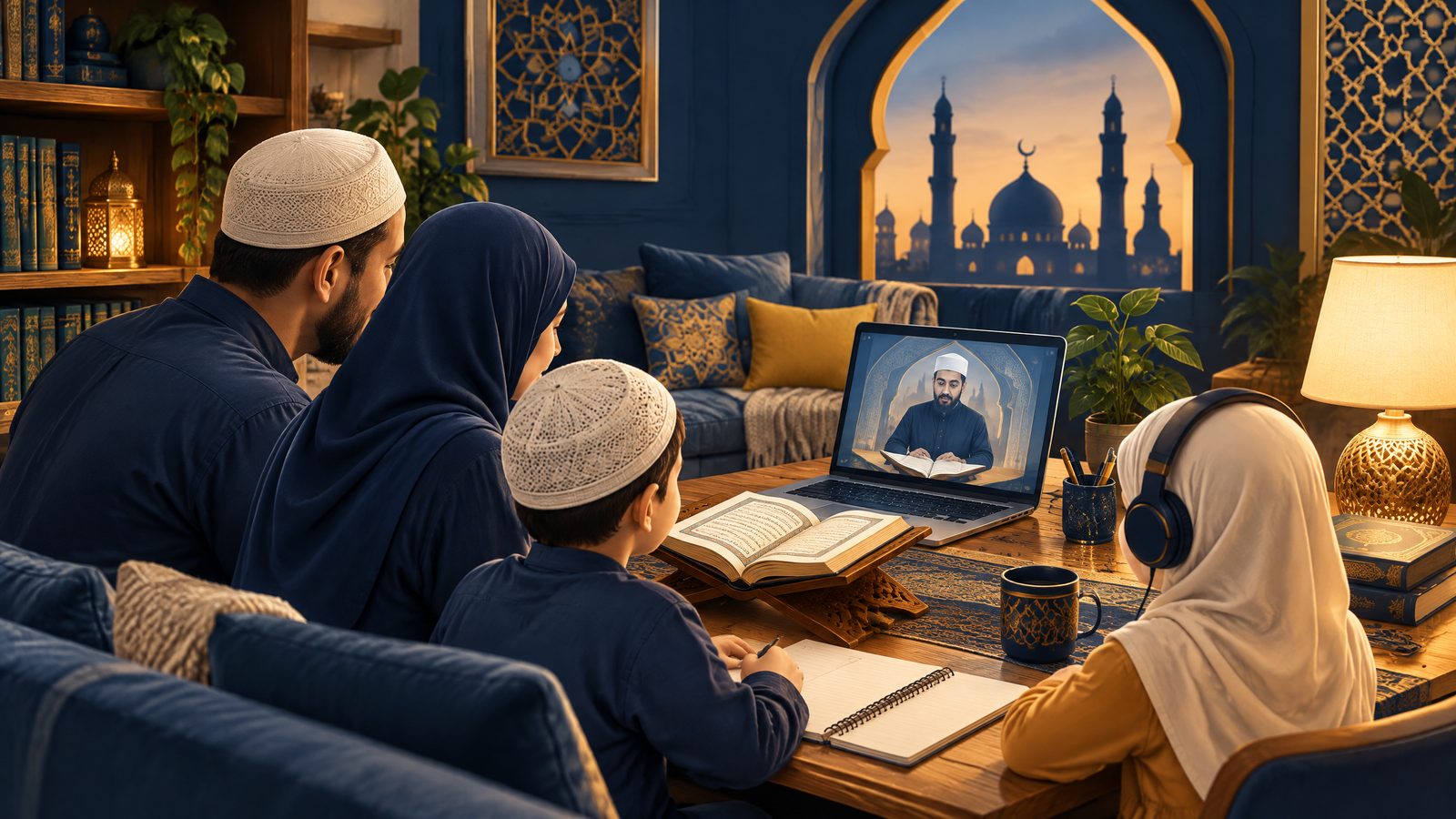 Family learning Quran at home through an online lesson