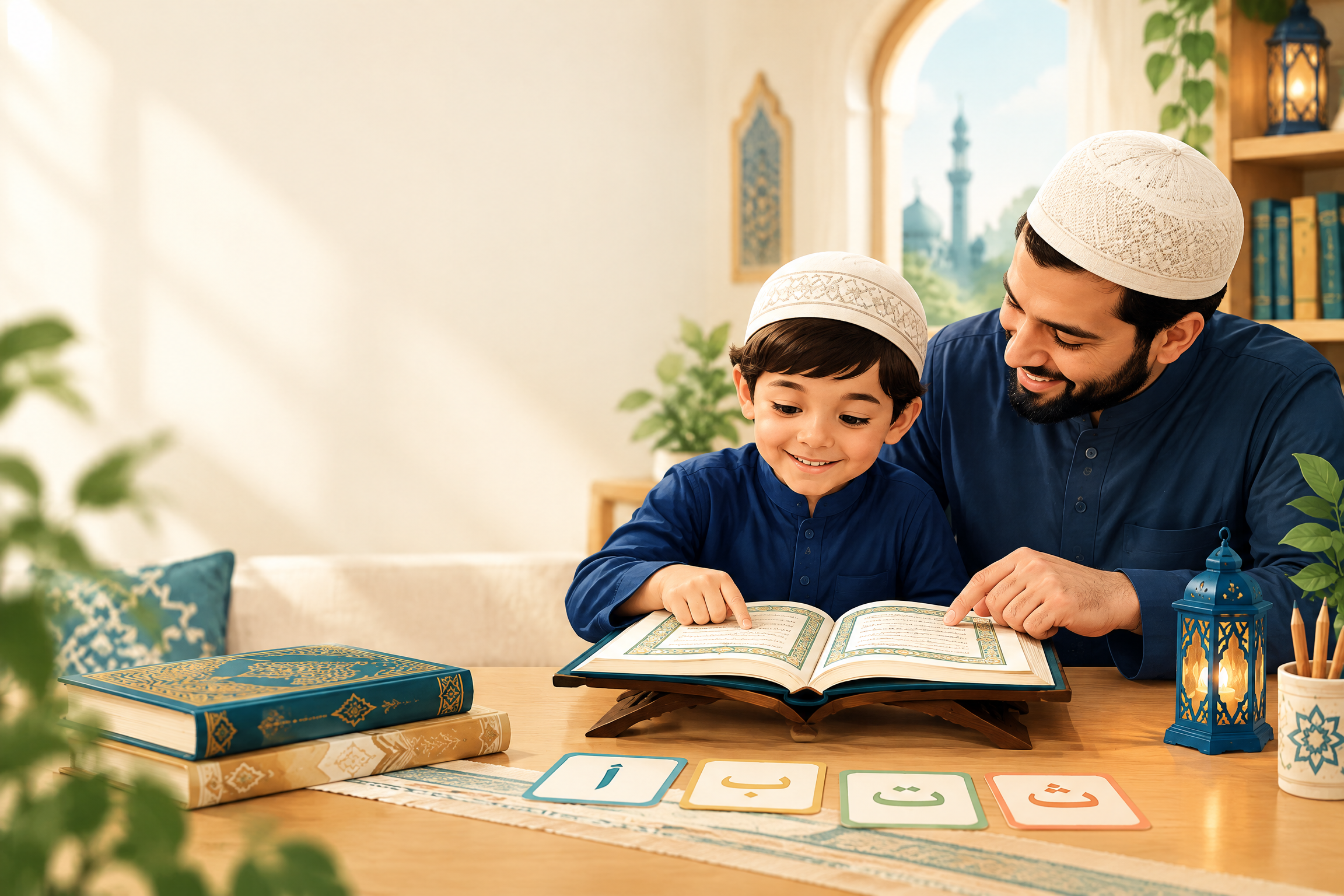 Parent and child learning Quran together with Arabic letter cards