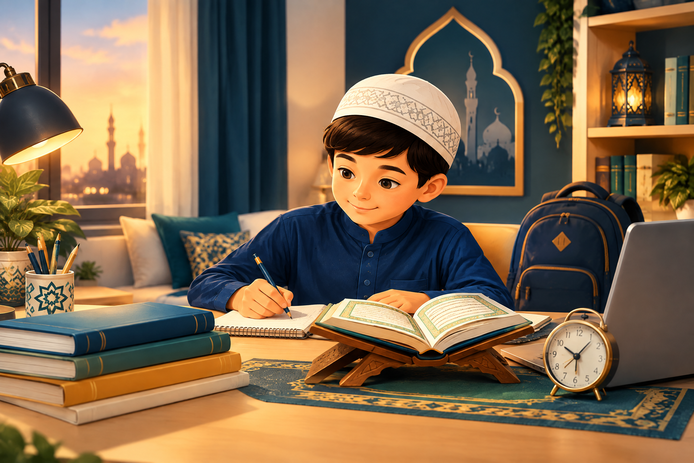 Child studying Quran at a home desk with school books and a clock