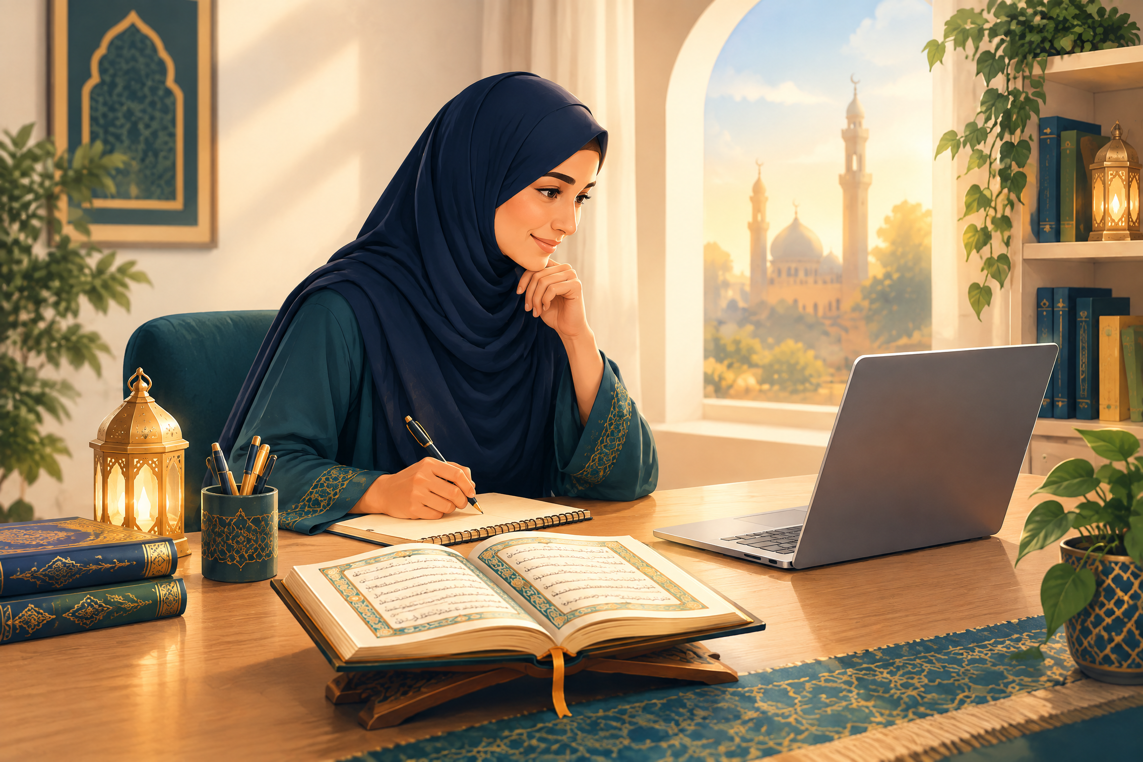 Adult learner preparing for an online Quran lesson with an open Quran and laptop