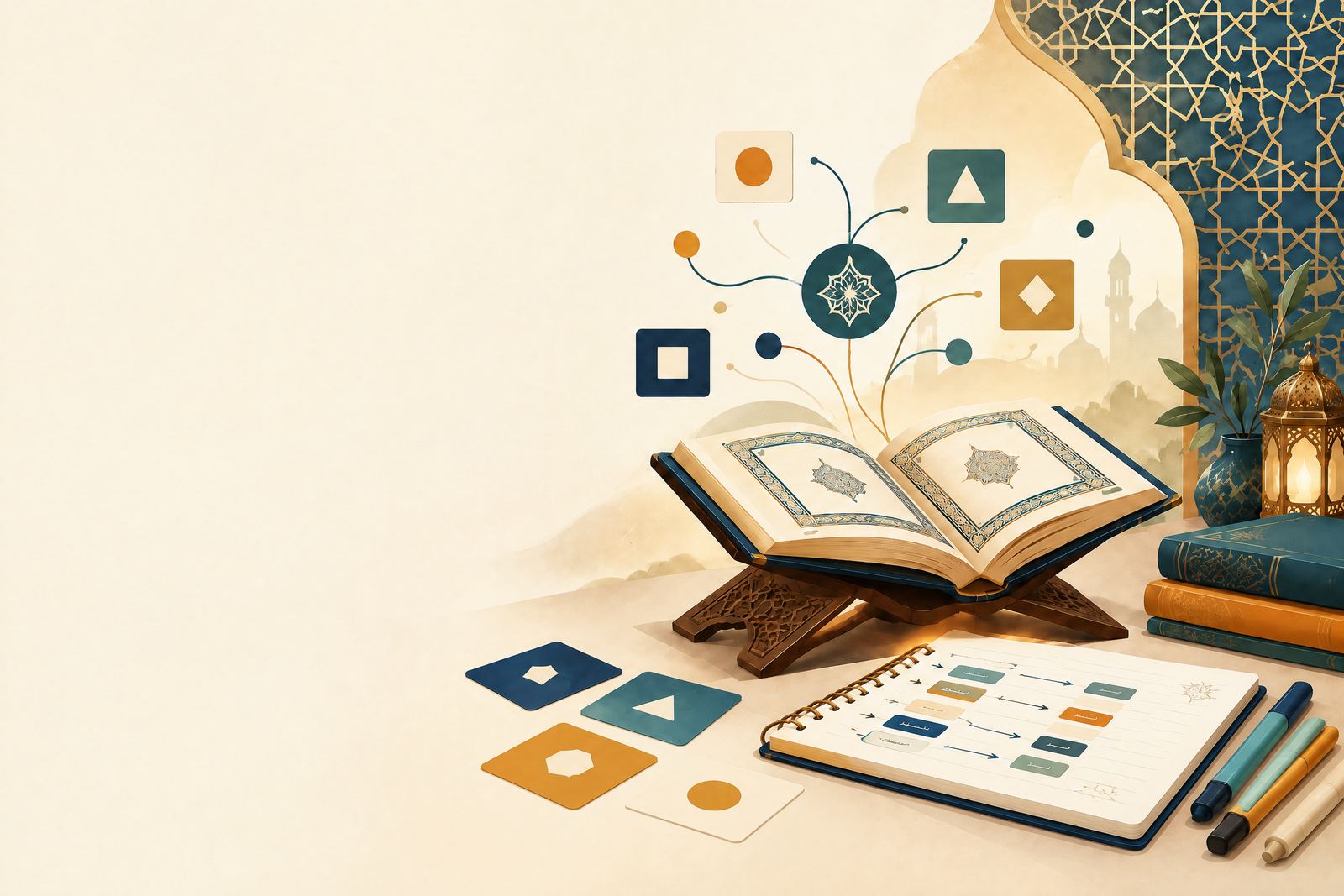 Learner organizing a Quranic Arabic vocabulary study plan beside an open Quran