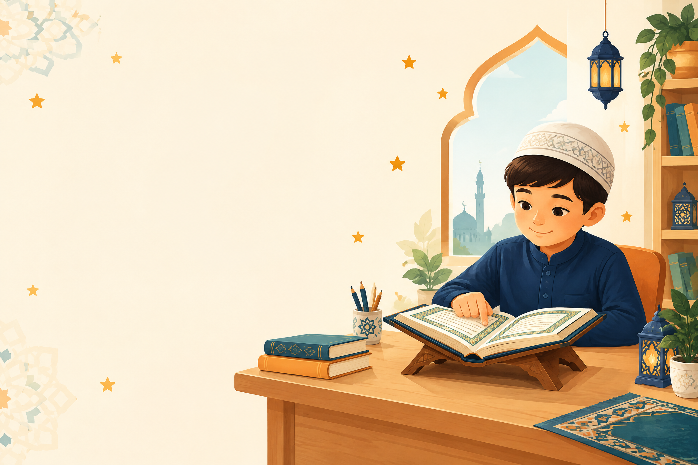 Child studying Quran online at home with a teacher-guided learning setup