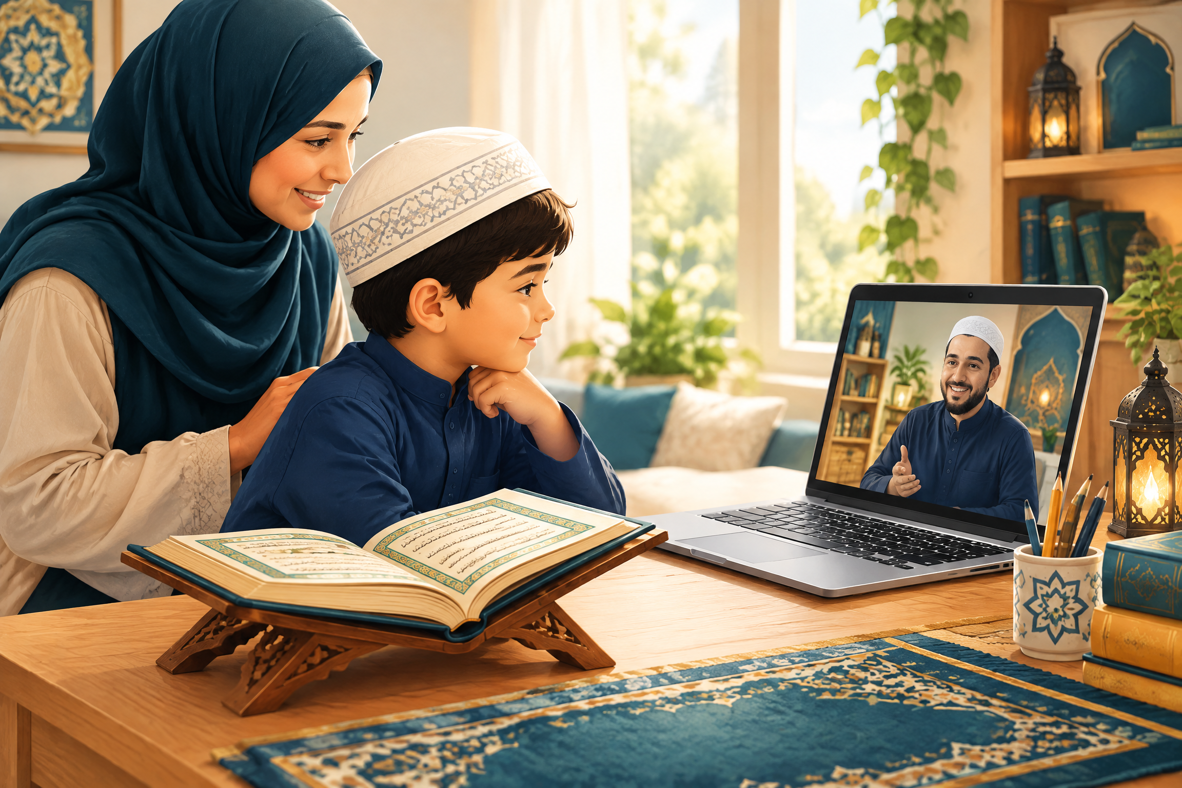Parent and child preparing calmly for an online Quran assessment