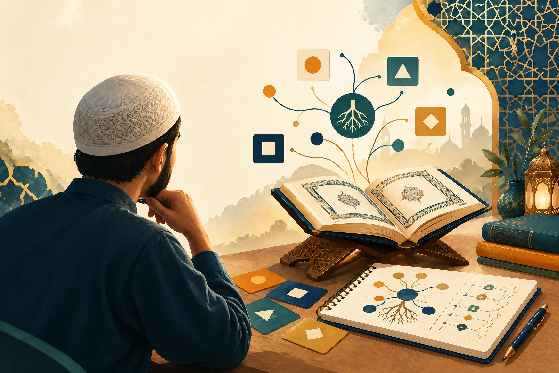 Learner exploring Quranic Arabic roots and patterns with an open Quran and study notes