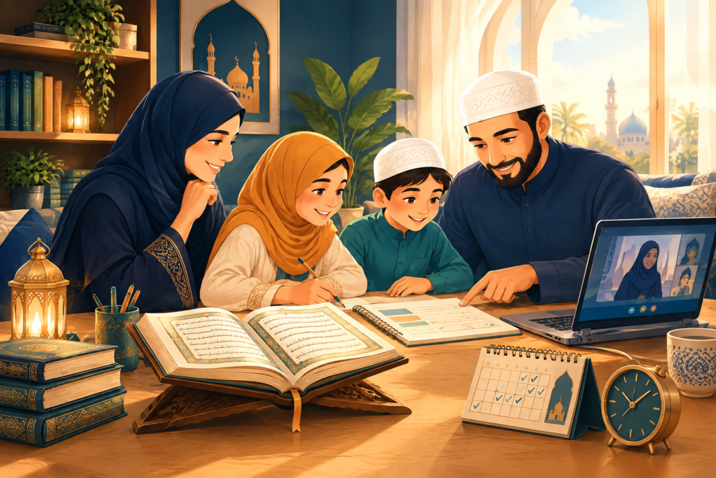Family building a calm and sustainable Quran learning routine at home