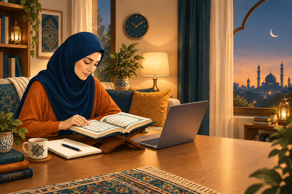 Working adult studying Quran online after work with a laptop and open Quran