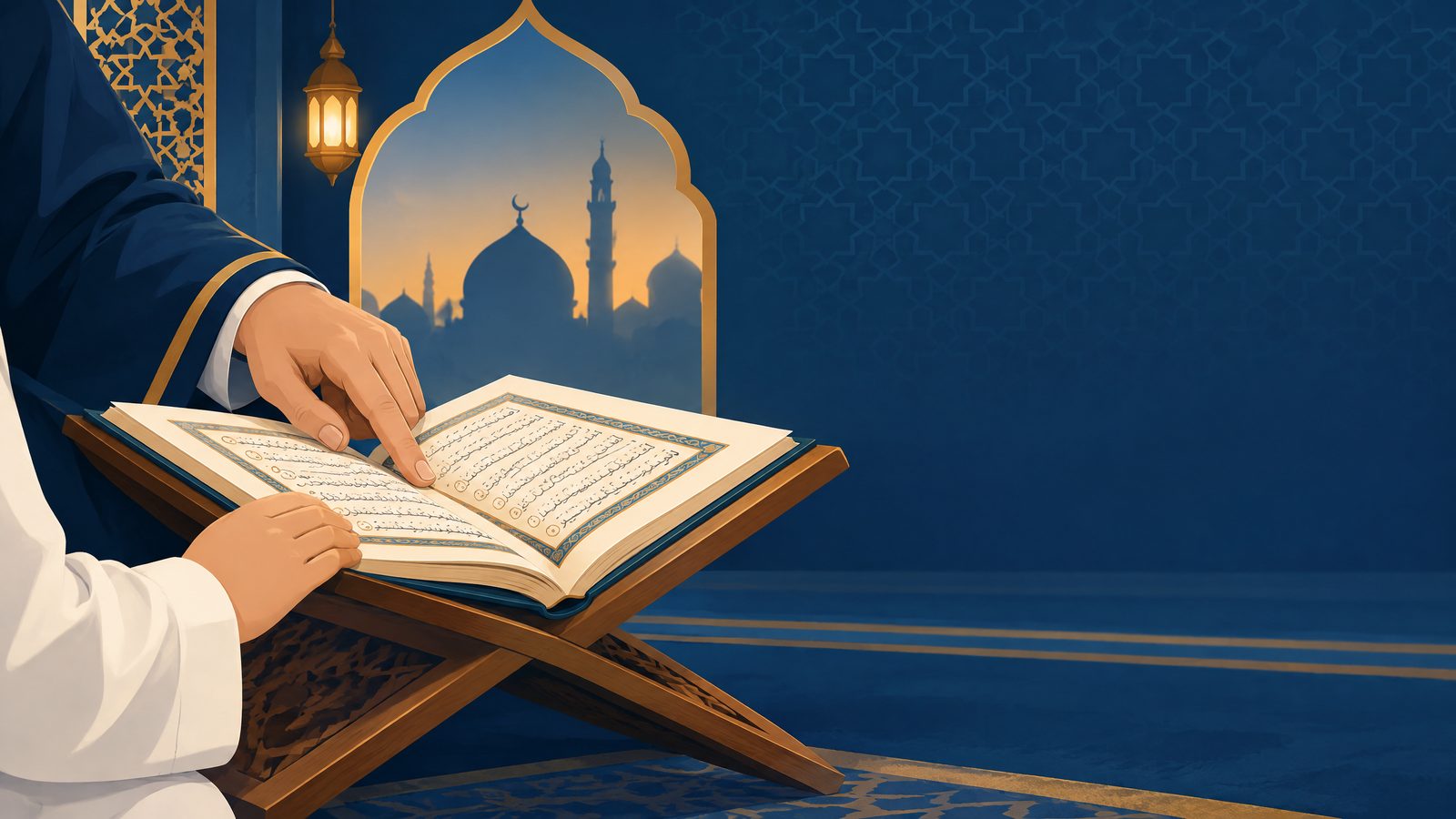 Teacher guiding a beginner through Quran recitation and Tajweed practice