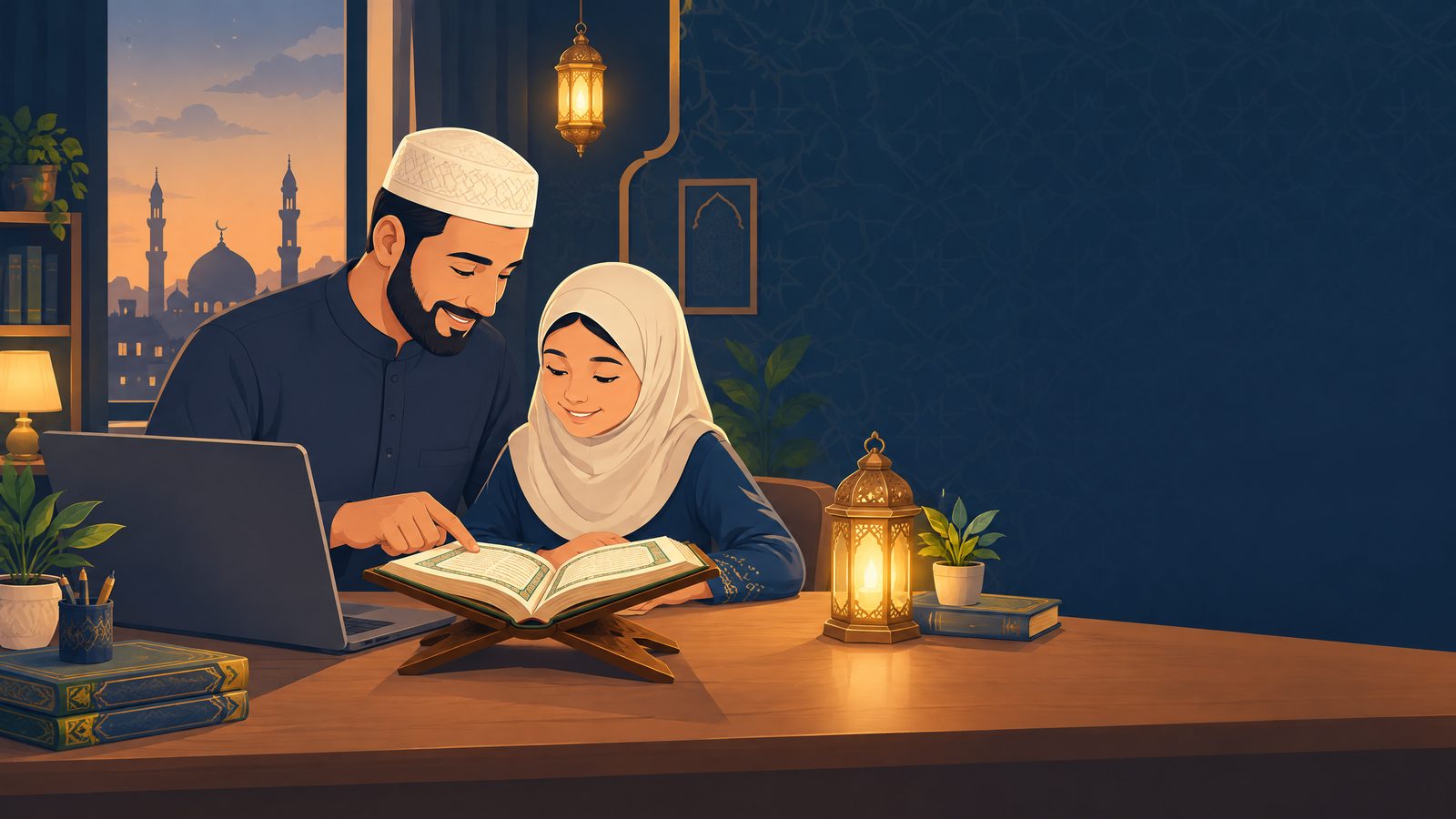 Parent and child studying Quran together in an online Quran class