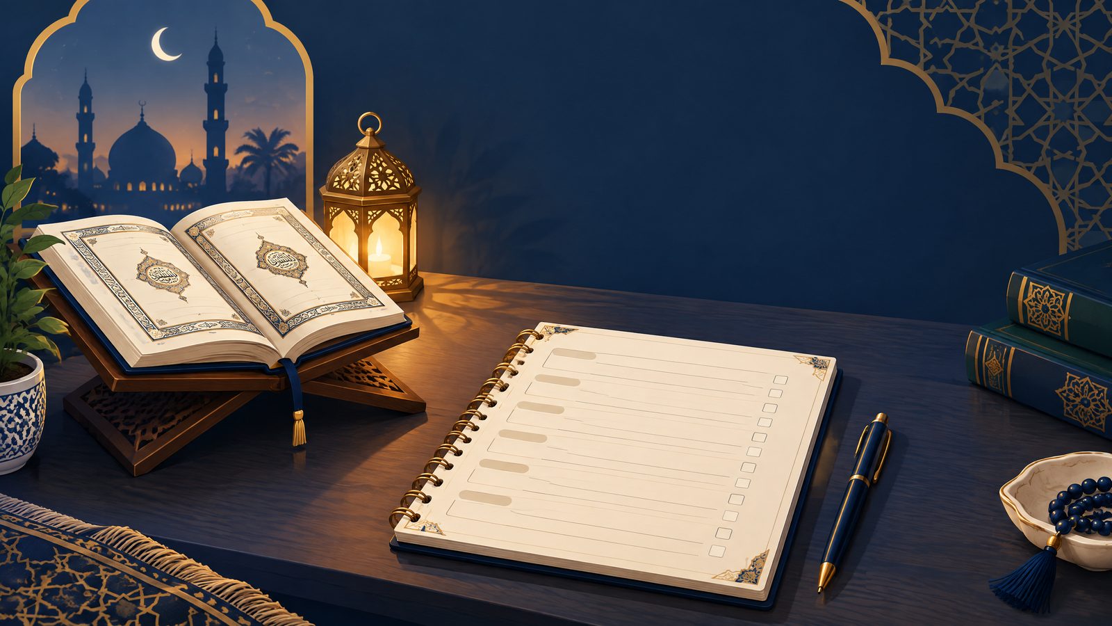 Quran memorization planner beside an open Quran and study materials