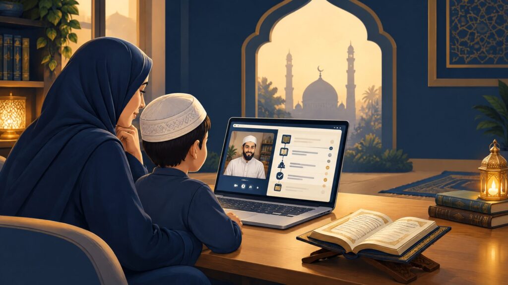 Parent reviewing an online Quran learning plan with a teacher