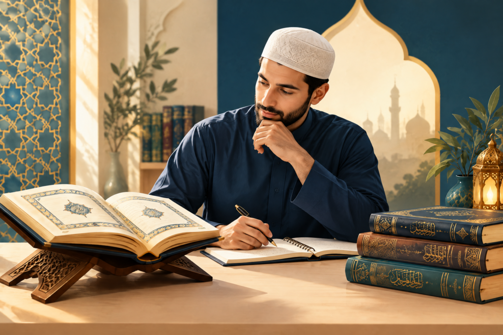 Learner comparing Quranic Arabic study with formal Modern Standard Arabic books