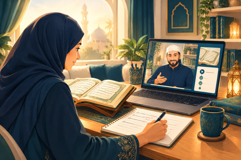 Adult learner receiving guidance during an online Quran lesson