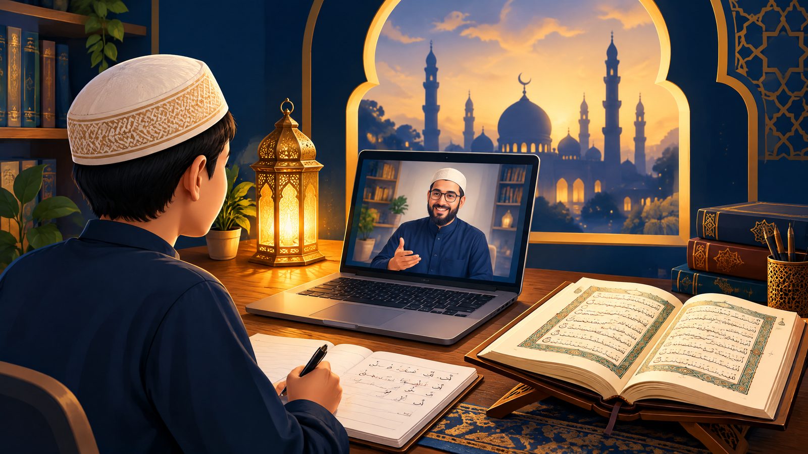 Student participating in a Quran and Arabic assessment online