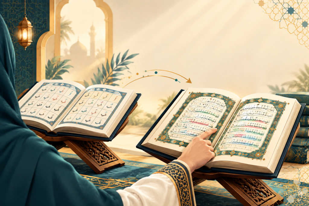 Learner progressing from Noorani Qaida pages toward Quran recitation and Tajweed