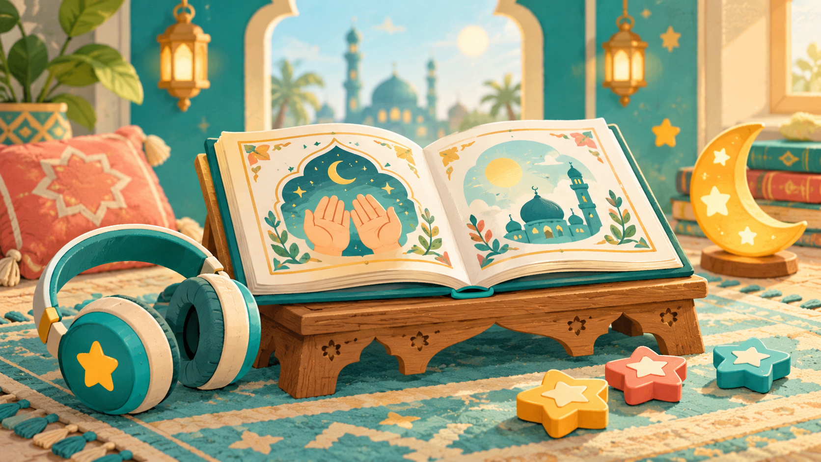 Duaa Stars children’s dua learning game with an open prayer book, headphones, and star tokens