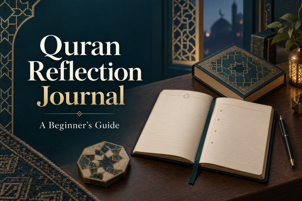 Quran Reflection Journal: A Beginner’s Guide cover with an open journal, a patterned Quran, and geometric Islamic design.