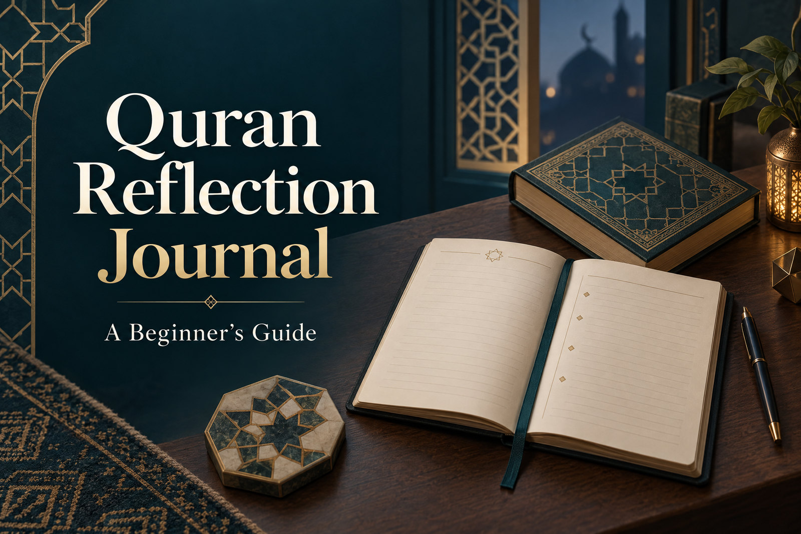 Quran Reflection Journal: A Beginner’s Guide cover with an open journal, a patterned Quran, and geometric Islamic design.