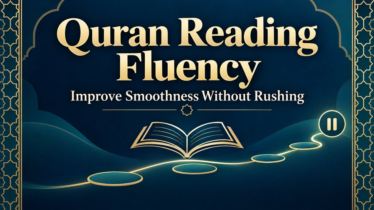 Quran Reading Fluency: Improve Smoothness Without Rushing, with an open book, connected path and pause-symbol shapes