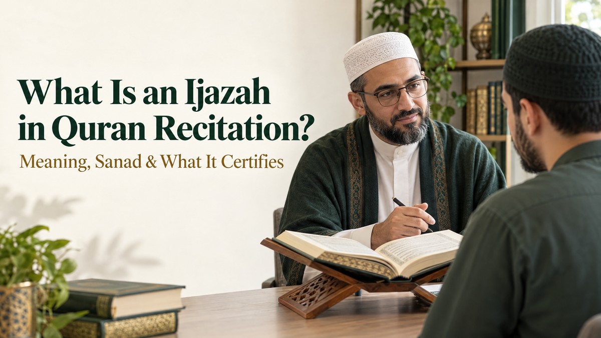 A Quran teacher listens as an adult learner recites from a Mushaf during a one-to-one lesson.