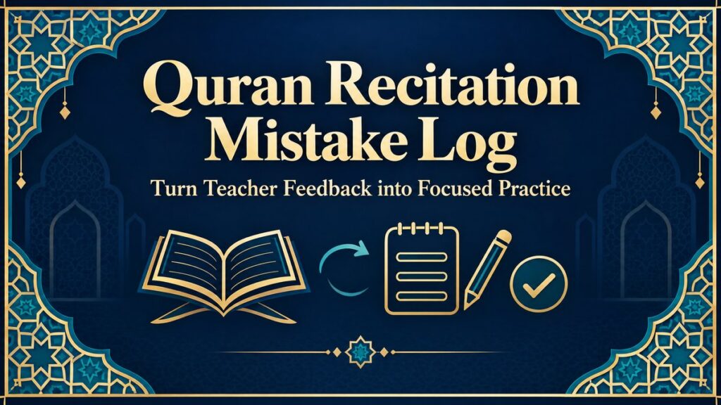Quran Recitation Mistake Log: turn teacher feedback into focused practice, with an open book, notebook, pencil and checkmark shapes
