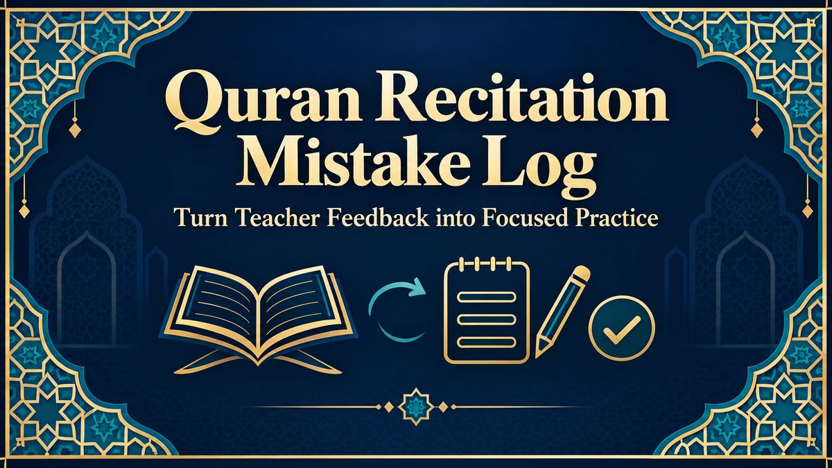 Quran Recitation Mistake Log: turn teacher feedback into focused practice, with an open book, notebook, pencil and checkmark shapes