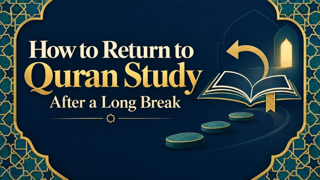 How to return to Quran study after a long break, with an open book, returning arrow and stepping-stone shapes