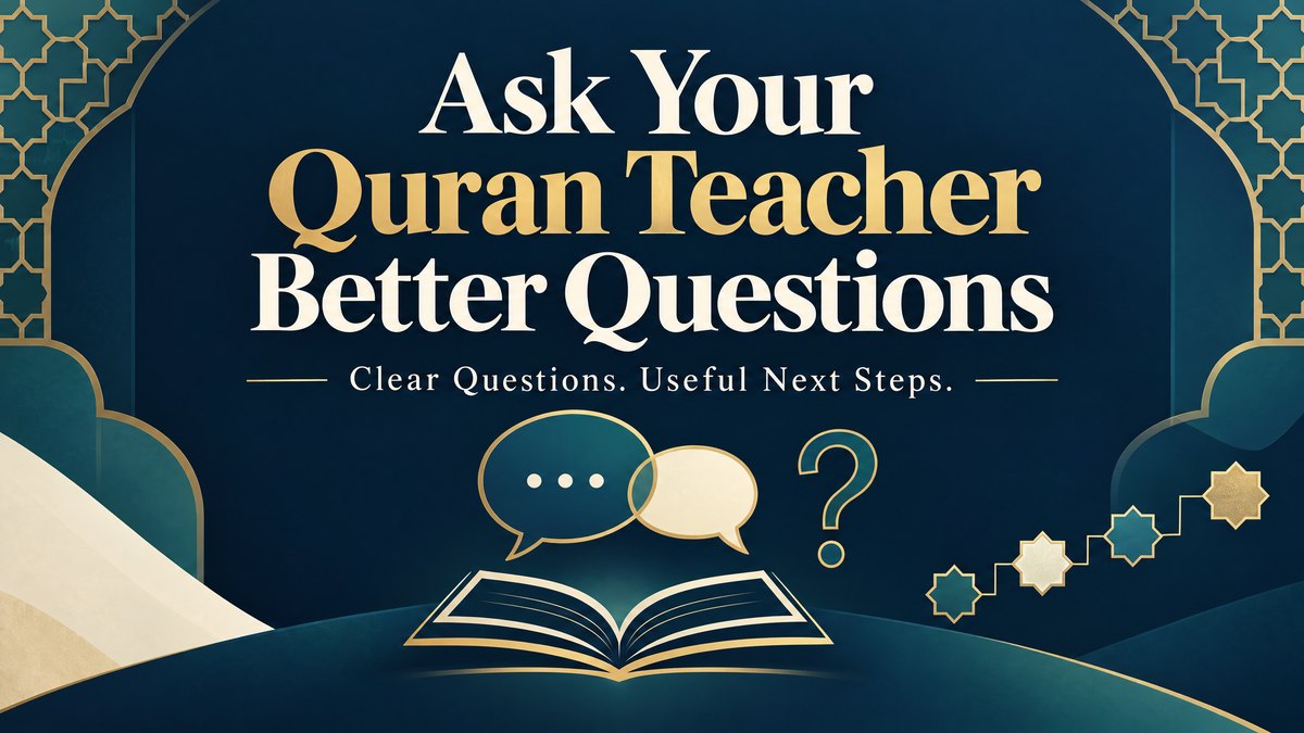 Ask Your Quran Teacher Better Questions, with speech bubbles, a question mark, an open book and connected geometric shapes