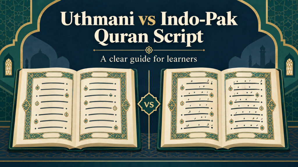 Uthmani vs Indo-Pak Quran Script cover with two abstract Mushaf page panels and geometric shapes