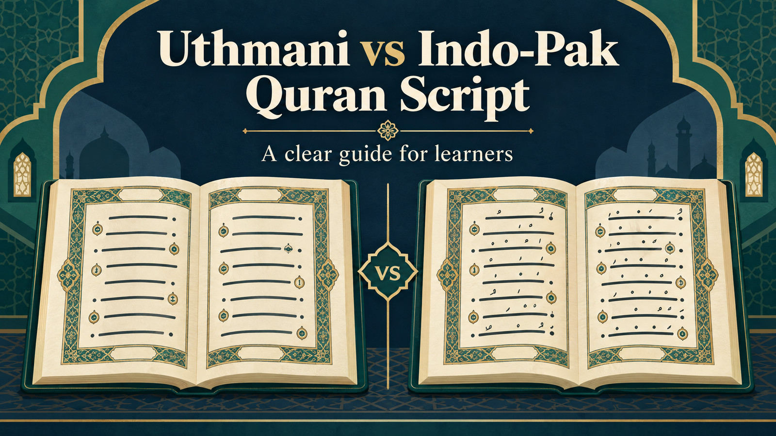 Uthmani vs Indo-Pak Quran Script cover with two abstract Mushaf page panels and geometric shapes